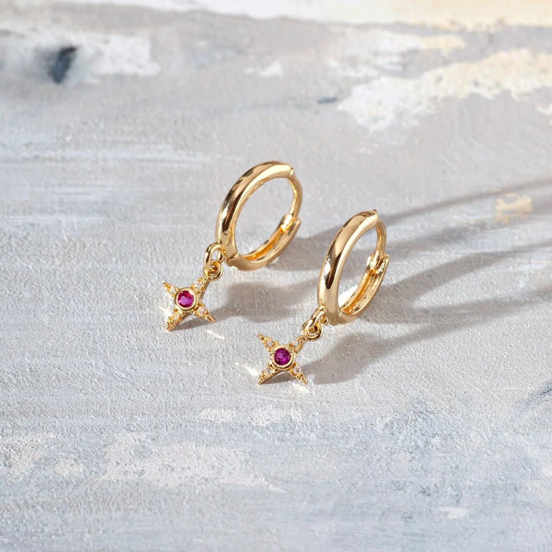 Rebecca - Star with Pink Crystal Hoop Earrings